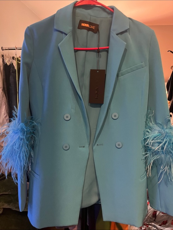 Jackets & Blazers - LUXE Aqua Blue Feather Sleeve Double-Breasted Blazer